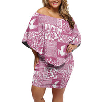 Pink Tonga Kilisimasi Fiefia Off Shoulder Short Dress Pacific Patchwork Xmas Vibes - Polynesian Pride