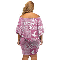 Pink Tonga Kilisimasi Fiefia Off Shoulder Short Dress Pacific Patchwork Xmas Vibes - Polynesian Pride