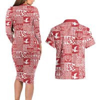 Red Tonga Kilisimasi Fiefia Couples Matching Long Sleeve Bodycon Dress and Hawaiian Shirt Pacific Patchwork Xmas Vibes - Polynesian Pride