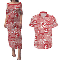 Red Tonga Kilisimasi Fiefia Couples Matching Puletasi and Hawaiian Shirt Pacific Patchwork Xmas Vibes - Polynesian Pride