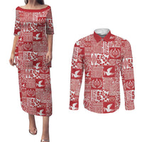 Red Tonga Kilisimasi Fiefia Couples Matching Puletasi and Long Sleeve Button Shirt Pacific Patchwork Xmas Vibes - Polynesian Pride