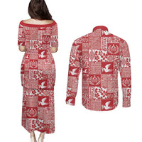 Red Tonga Kilisimasi Fiefia Couples Matching Puletasi and Long Sleeve Button Shirt Pacific Patchwork Xmas Vibes - Polynesian Pride