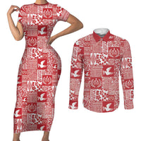 Red Tonga Kilisimasi Fiefia Couples Matching Short Sleeve Bodycon Dress and Long Sleeve Button Shirt Pacific Patchwork Xmas Vibes - Polynesian Pride
