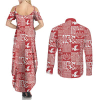 Red Tonga Kilisimasi Fiefia Couples Matching Summer Maxi Dress and Long Sleeve Button Shirt Pacific Patchwork Xmas Vibes - Polynesian Pride