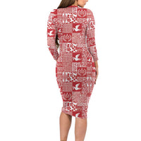 Red Tonga Kilisimasi Fiefia Long Sleeve Bodycon Dress Pacific Patchwork Xmas Vibes - Polynesian Pride
