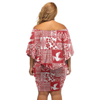 Red Tonga Kilisimasi Fiefia Off Shoulder Short Dress Pacific Patchwork Xmas Vibes - Polynesian Pride