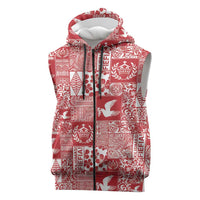 Red Tonga Kilisimasi Fiefia Sleeveless Zip Hoodie Pacific Patchwork Xmas Vibes - Polynesian Pride