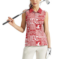 Red Tonga Kilisimasi Fiefia Women Sleeveless Polo Shirt Pacific Patchwork Xmas Vibes LT9 - Polynesian Pride