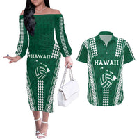 Polynesian Hawaii Volleyball Custom Couples Matching Off The Shoulder Long Sleeve Dress and Hawaiian Shirt Green Kakau with Map Motif LT9 Green - Polynesian Pride