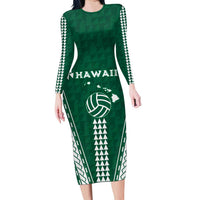 Polynesian Hawaii Volleyball Custom Family Matching Long Sleeve Bodycon Dress and Hawaiian Shirt Green Kakau with Map Motif LT9 Mom's Dress Green - Polynesian Pride