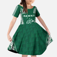 Polynesian Hawaii Volleyball Custom Family Matching Off The Shoulder Long Sleeve Dress and Hawaiian Shirt Green Kakau with Map Motif LT9 Daughter's Dress Green - Polynesian Pride