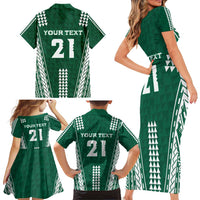 Polynesian Hawaii Volleyball Custom Family Matching Short Sleeve Bodycon Dress and Hawaiian Shirt Green Kakau with Map Motif LT9 - Polynesian Pride