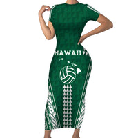 Polynesian Hawaii Volleyball Custom Family Matching Short Sleeve Bodycon Dress and Hawaiian Shirt Green Kakau with Map Motif LT9 Mom's Dress Green - Polynesian Pride