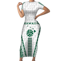 Polynesian Hawaii Volleyball Custom Family Matching Short Sleeve Bodycon Dress and Hawaiian Shirt White Kakau with Map Motif LT9 Mom's Dress White - Polynesian Pride