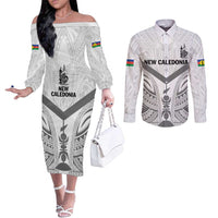 New Caledonia Football Custom Couples Matching Off The Shoulder Long Sleeve Dress and Long Sleeve Button Shirt Go Champions Les Cagous LT9 White - Polynesian Pride