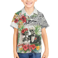 Skeleton Love for Valentine’s Day Family Matching Short Sleeve Bodycon Dress and Hawaiian Shirt Polynesian Tribal Love Forever