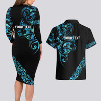 All Black Maori Tribal Tattoo Personalised Couples Matching Long Sleeve Bodycon Dress and Hawaiian Shirt Polynesian Style LT9 - Polynesian Pride