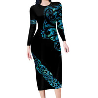 All Black Maori Tribal Tattoo Personalised Family Matching Long Sleeve Bodycon Dress and Hawaiian Shirt Polynesian Style LT9 Mom's Dress Black - Polynesian Pride
