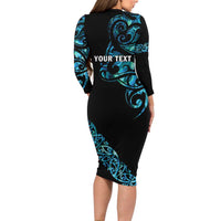 All Black Maori Tribal Tattoo Personalised Family Matching Long Sleeve Bodycon Dress and Hawaiian Shirt Polynesian Style LT9 - Polynesian Pride