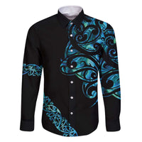 All Black Maori Tribal Tattoo Personalised Family Matching Off The Shoulder Long Sleeve Dress and Hawaiian Shirt Polynesian Style LT9 Dad's Shirt - Long Sleeve Black - Polynesian Pride