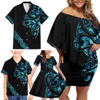 All Black Maori Tribal Tattoo Personalised Family Matching Off Shoulder Short Dress and Hawaiian Shirt Polynesian Style LT9 - Polynesian Pride