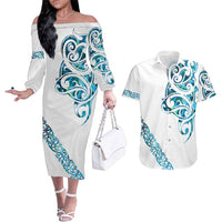 All White Maori Tribal Tattoo Personalised Couples Matching Off The Shoulder Long Sleeve Dress and Hawaiian Shirt Polynesian Style LT9 White - Polynesian Pride