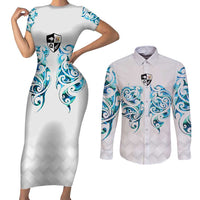 Queensland Maori Kiwi Personalised Couples Matching Short Sleeve Bodycon Dress and Long Sleeve Button Shirt Ma Kakariki Papua Shell Maori Tribal Tattoo LT9 White - Polynesian Pride