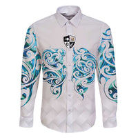 Queensland Maori Kiwi Personalised Family Matching Off Shoulder Short Dress and Hawaiian Shirt Ma Kakariki Papua Shell Maori Tribal Tattoo LT9 Dad's Shirt - Long Sleeve White - Polynesian Pride