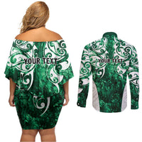 Queensland Maori Kiwi Personalised Couples Matching Off Shoulder Short Dress and Long Sleeve Button Shirt Kikirangi Papua Shell Maori Tribal Tattoo LT9 - Polynesian Pride