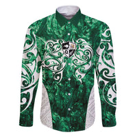 Queensland Maori Kiwi Personalised Family Matching Summer Maxi Dress and Hawaiian Shirt Kikirangi Papua Shell Maori Tribal Tattoo LT9 Dad's Shirt - Long Sleeve Green - Polynesian Pride