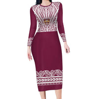 Queensland Maori Nga Hau E Wha Custom Family Matching Long Sleeve Bodycon Dress and Hawaiian Shirt Polynesian Maori Tribal Pattern LT9 Mom's Dress Maroon - Polynesian Pride