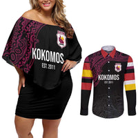 Queensland Papua New Guinea Custom Couples Matching Off Shoulder Short Dress and Long Sleeve Button Shirt All Black Pacific PNG Tribal Style LT9 Black - Polynesian Pride