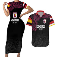 Queensland Papua New Guinea Custom Couples Matching Short Sleeve Bodycon Dress and Hawaiian Shirt All Black Pacific PNG Tribal Style
