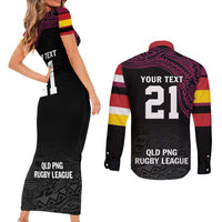 Queensland Papua New Guinea Custom Couples Matching Short Sleeve Bodycon Dress and Long Sleeve Button Shirt All Black Pacific PNG Tribal Style