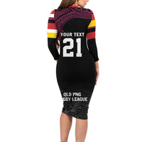 Queensland Papua New Guinea Custom Long Sleeve Bodycon Dress All Black Pacific PNG Tribal Style LT9 - Polynesian Pride