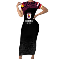 Queensland Papua New Guinea Custom Short Sleeve Bodycon Dress All Black Pacific PNG Tribal Style LT9 Long Dress Black - Polynesian Pride