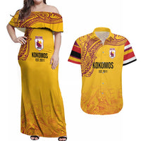 Queensland Papua New Guinea Custom Couples Matching Off Shoulder Maxi Dress and Hawaiian Shirt All Gold Pacific PNG Tribal Style LT9 Gold - Polynesian Pride