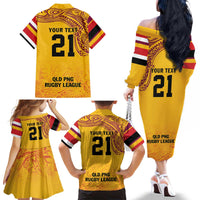 Queensland Papua New Guinea Custom Family Matching Off The Shoulder Long Sleeve Dress and Hawaiian Shirt All Gold Pacific PNG Tribal Style