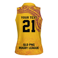 Queensland Papua New Guinea Custom Women Sleeveless Polo Shirt All Gold Pacific PNG Tribal Style