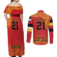 Queensland Papua New Guinea Custom Couples Matching Off Shoulder Maxi Dress and Long Sleeve Button Shirt All Red Pacific PNG Tribal Style LT9 - Polynesian Pride