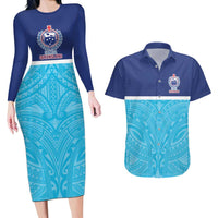 Queensland Samoa Custom Couples Matching Long Sleeve Bodycon Dress and Hawaiian Shirt Blue Pacific Polynesian Tribal Pattern