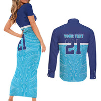 Queensland Samoa Custom Couples Matching Short Sleeve Bodycon Dress and Long Sleeve Button Shirt Blue Pacific Polynesian Tribal Pattern