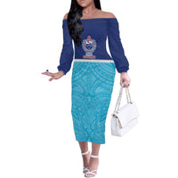 Queensland Samoa Custom Family Matching Off The Shoulder Long Sleeve Dress and Hawaiian Shirt Blue Pacific Polynesian Tribal Pattern