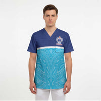 Queensland Samoa Custom Scrub Top Blue Pacific Polynesian Tribal Pattern - Polynesian Pride