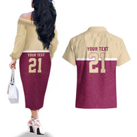 Queensland Samoa Custom Couples Matching Off The Shoulder Long Sleeve Dress and Hawaiian Shirt Maroon Pacific Polynesian Tribal Pattern