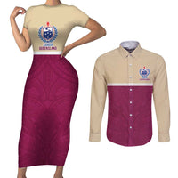 Queensland Samoa Custom Couples Matching Short Sleeve Bodycon Dress and Long Sleeve Button Shirt Maroon Pacific Polynesian Tribal Pattern