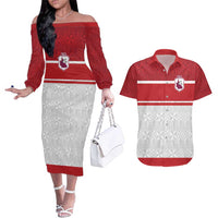 Queensland Tonga Custom Couples Matching Off The Shoulder Long Sleeve Dress and Hawaiian Shirt QLD with Tongan Ngatu Pattern