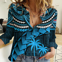 Fiji Rugby Women Casual Shirt Go Fijian Tapa Arty with World Cup Vibe LT9 Female Blue - Polynesian Pride