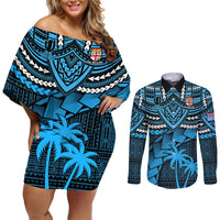 Custom Fiji Rugby Couples Matching Off Shoulder Short Dress and Long Sleeve Button Shirts Go Fijian Tapa Arty with World Cup Vibe LT9 Blue - Polynesian Pride