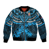 Custom Fiji Rugby Sleeve Zip Bomber Jacket Go Fijian Tapa Arty with World Cup Vibe LT9 Unisex Blue - Polynesian Pride